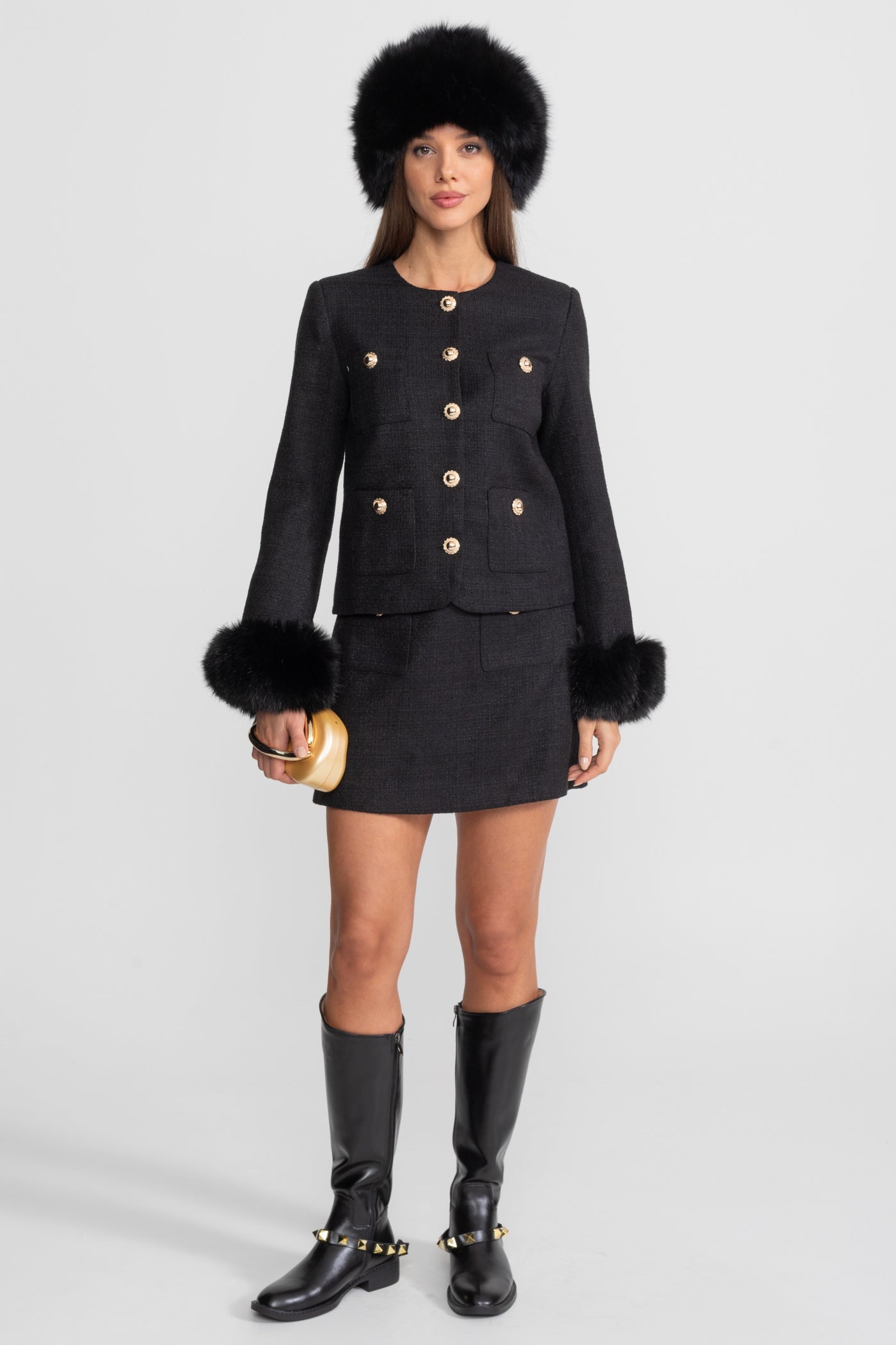 Altın Düğmeli Tweed Mini Etek – Siyah