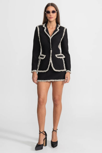 Parıltılı Kenarlı Blazer Ve Uyumlu Mini Etekli Tweed Takım - Siyah