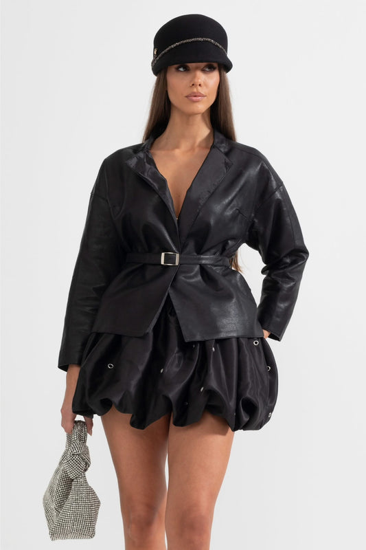 Ayarlanabilir Bel Kemerli Vegan Deri Ceket - Siyah