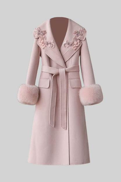 Tilki Kürk Manşetleri Ve 3D Çiçek Detaylarıyla Kaşmir Palto - Pembe