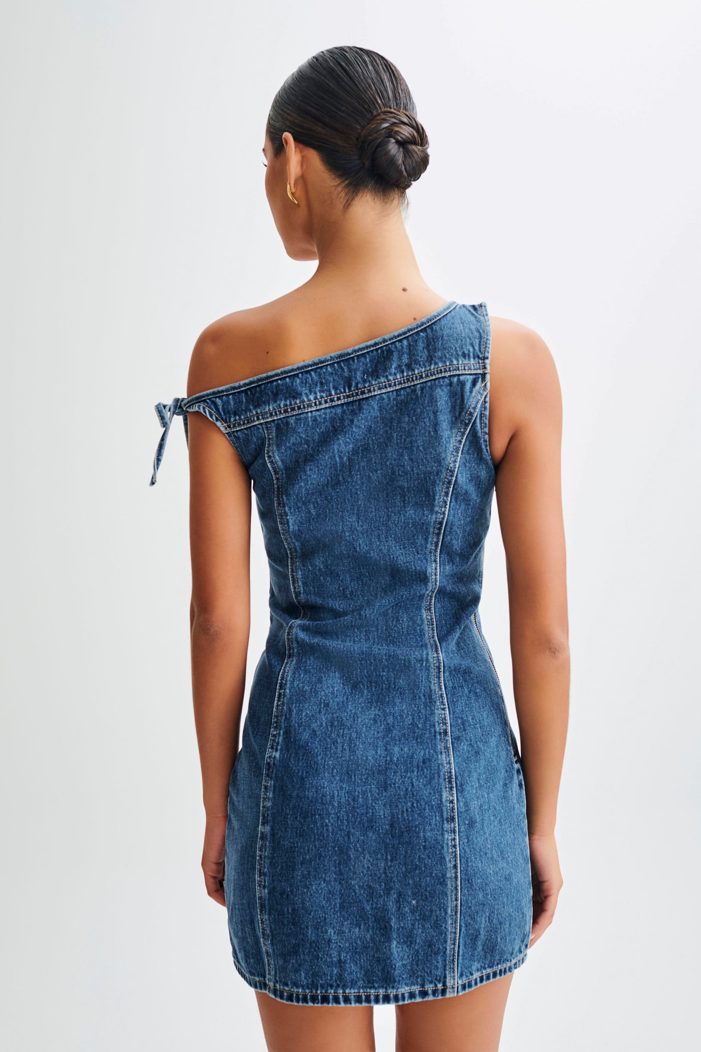 Butka™ Baker Düşük Omuz Denim Mini Elbise - Koyu Mavi