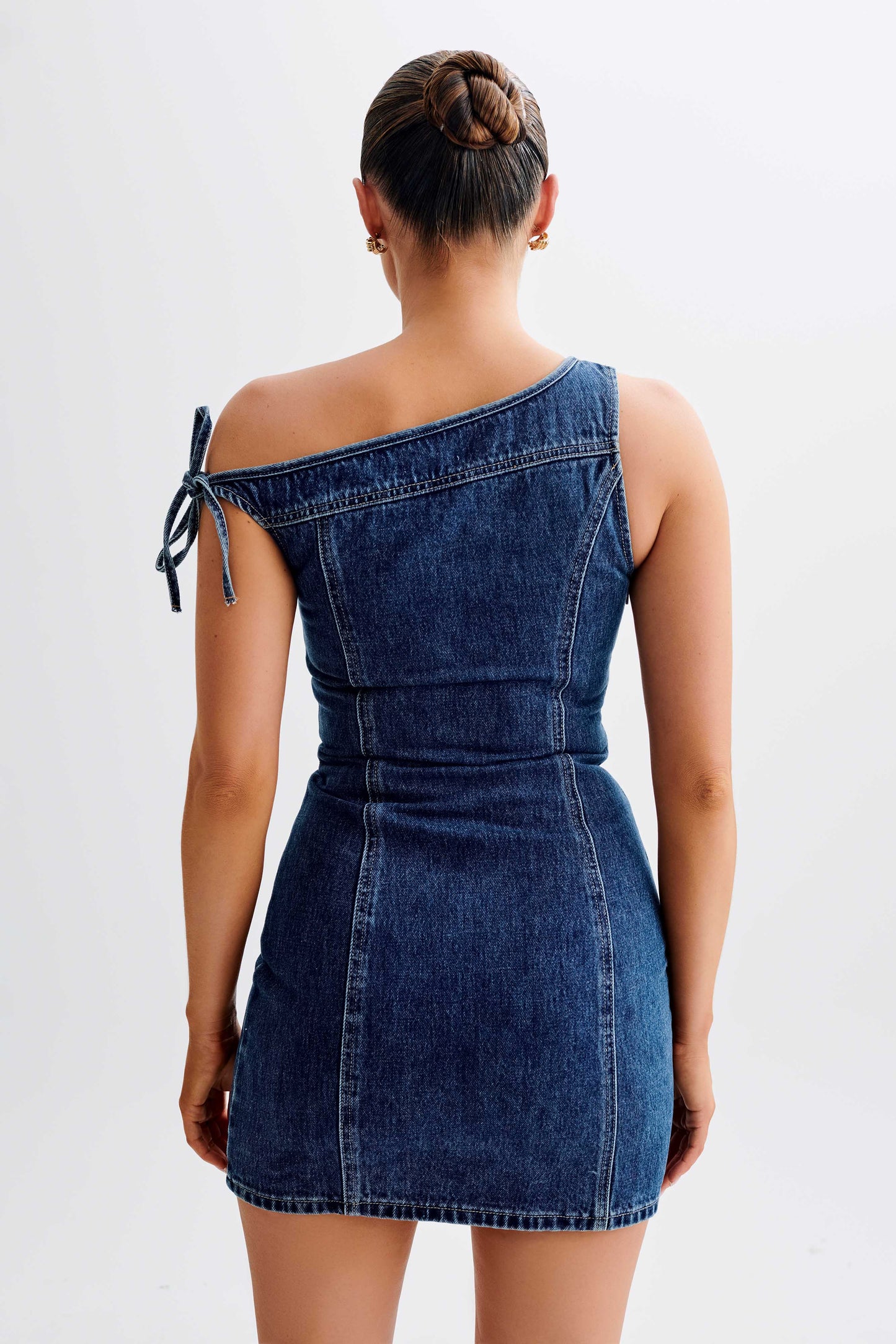 Butka™ Baker Düşük Omuz Denim Mini Elbise - Koyu Mavi