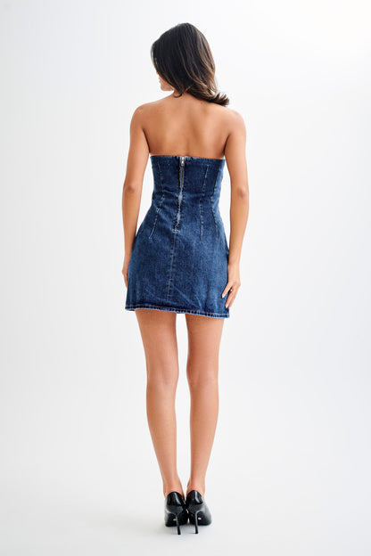 Butka™ Cecily Straplez Denim Mini Elbise - Koyu Mavi