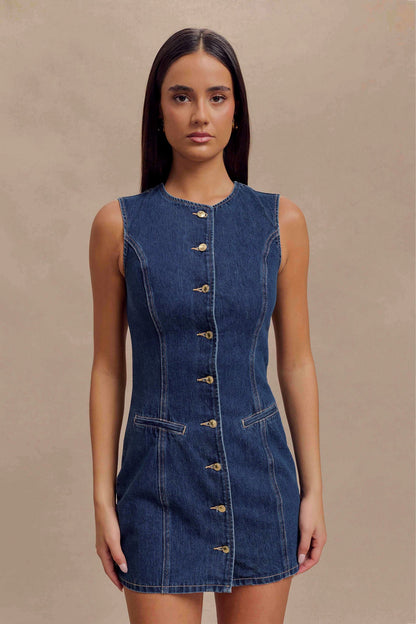 Butka™ Jane Düğmeli Denim Mini Elbise - Koyu Mavi