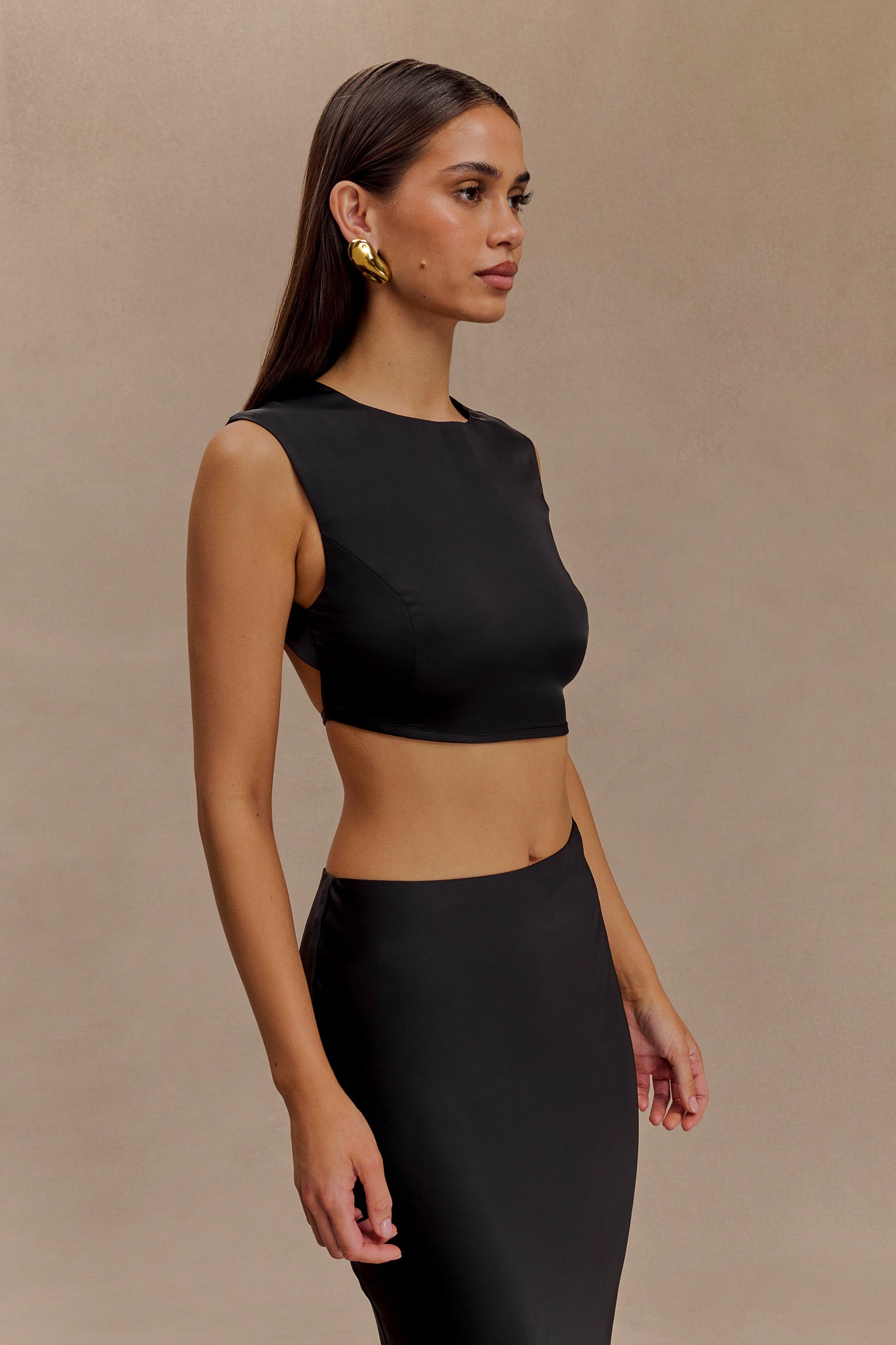 Butka™ Viviana Saten Kolsuz Crop Top - Siyah