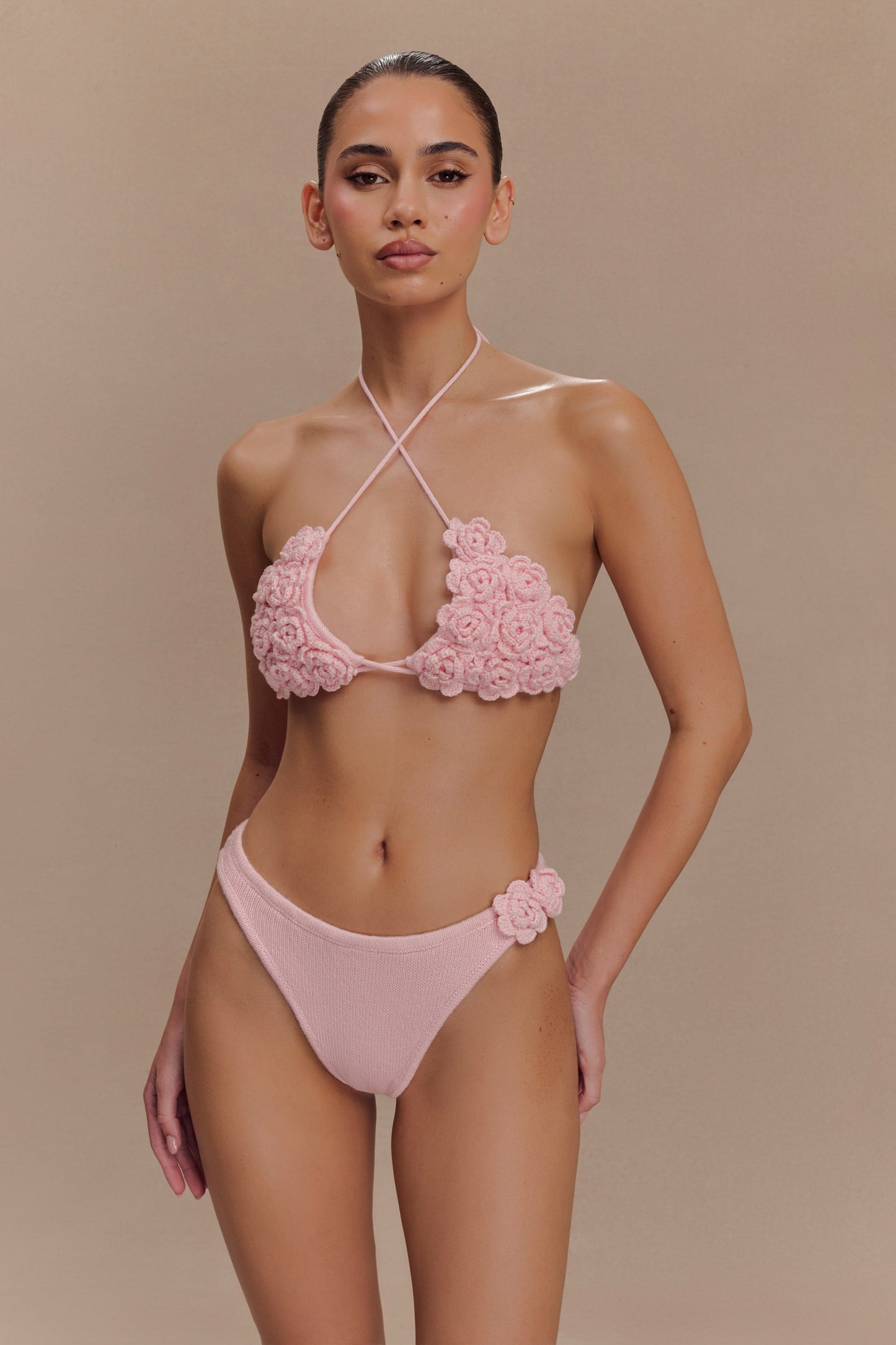 Butka™ Aesha Çiçekli Tığ İşi Bikini Üstü - Soluk Pembe