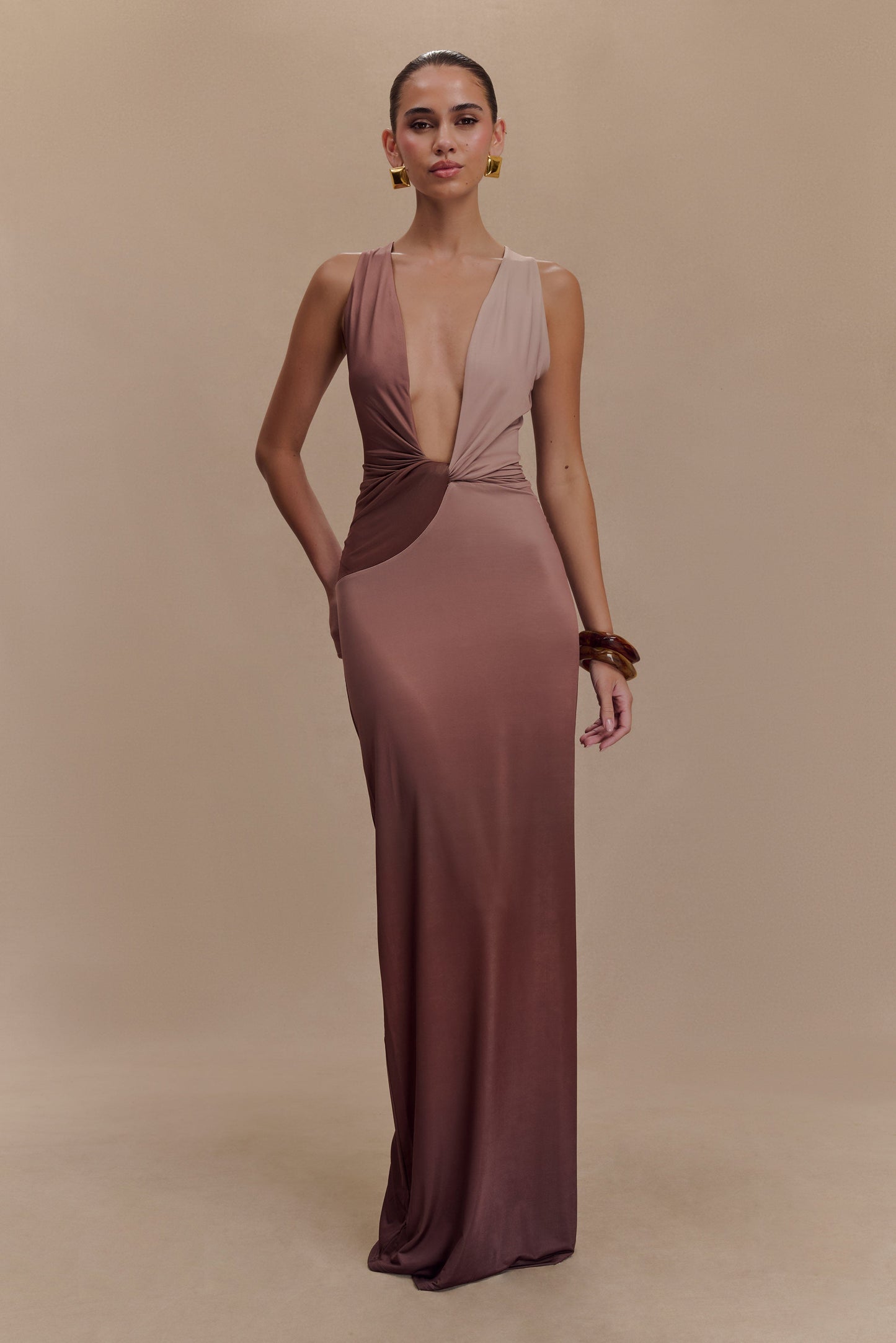 Butka™ Stella Drapeli Dar Maxi Elbise - Mocha Ombre