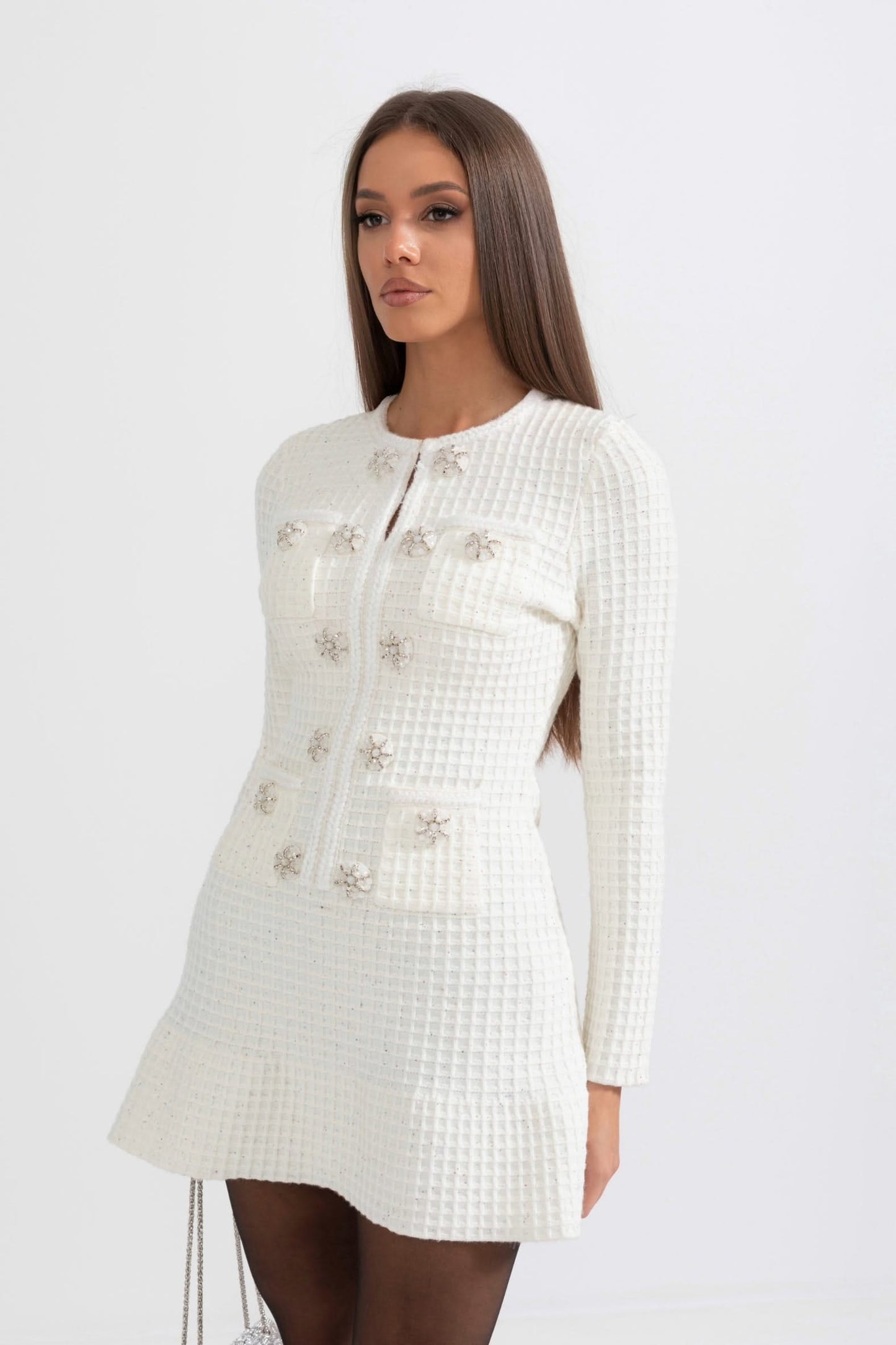 Uzun Kollu Diz Boyu Örme Elbise - Beyaz