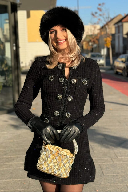 Uzun Kollu Diz Boyu Örme Elbise - Siyah