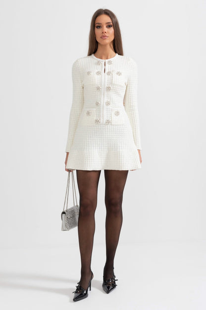 Uzun Kollu Diz Boyu Örme Elbise - Beyaz