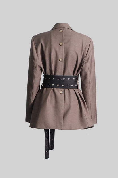Çift Kemerli Çağdaş Blazer - Kahverengi