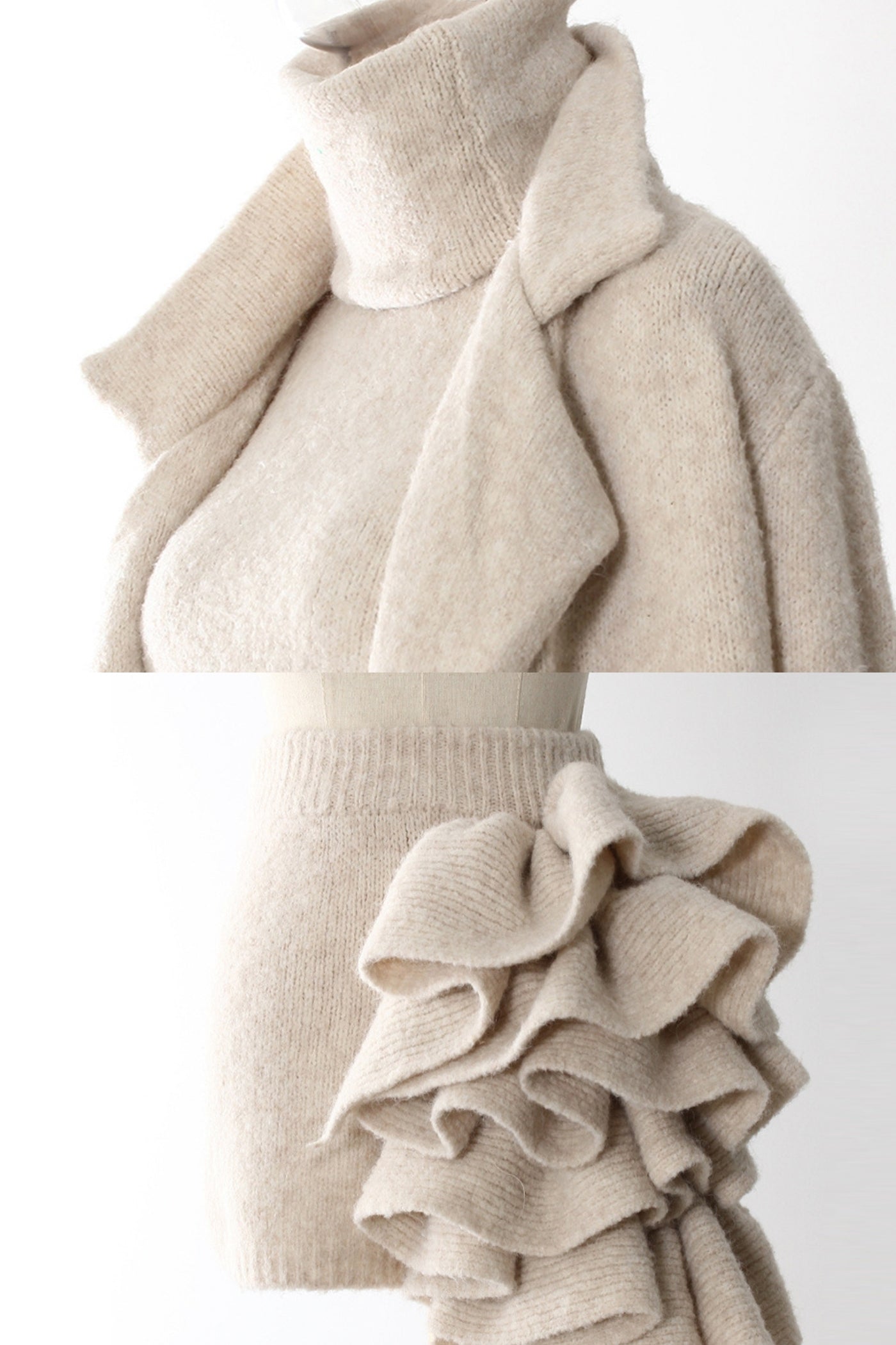 Heykelsi Volan Detaylarına Sahip Örme Üç Parçalı Takım - Bej