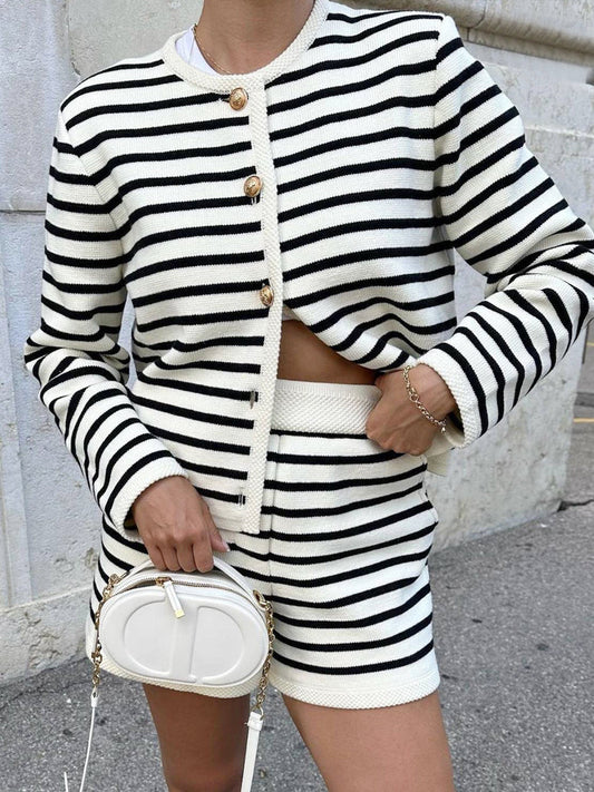 Casual Round Neck Striped Knit Cardigan Sweater Set