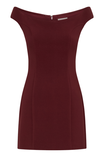 Butka™ Cassidy Krep Düşük Omuz Mini Elbise - Merlot