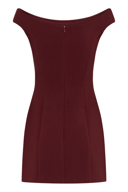 Butka™ Cassidy Krep Düşük Omuz Mini Elbise - Merlot