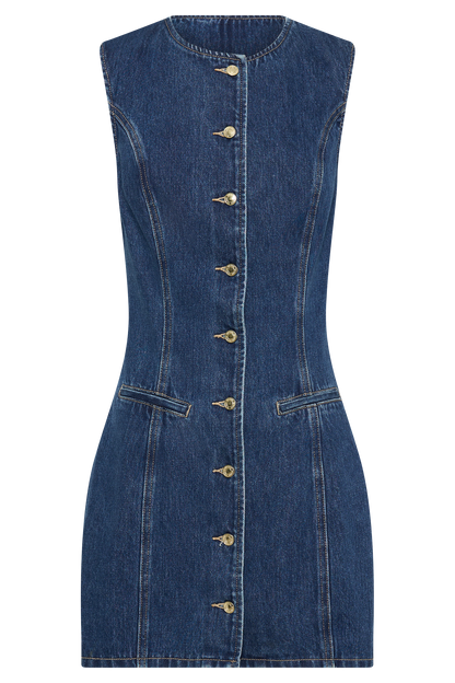 Butka™ Jane Düğmeli Denim Mini Elbise - Koyu Mavi