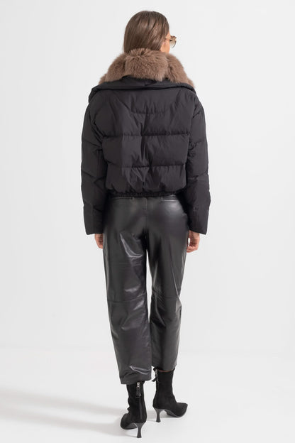 Kahverengi Tilki Kürk Kapüşonlu Şişme Mont - Siyah