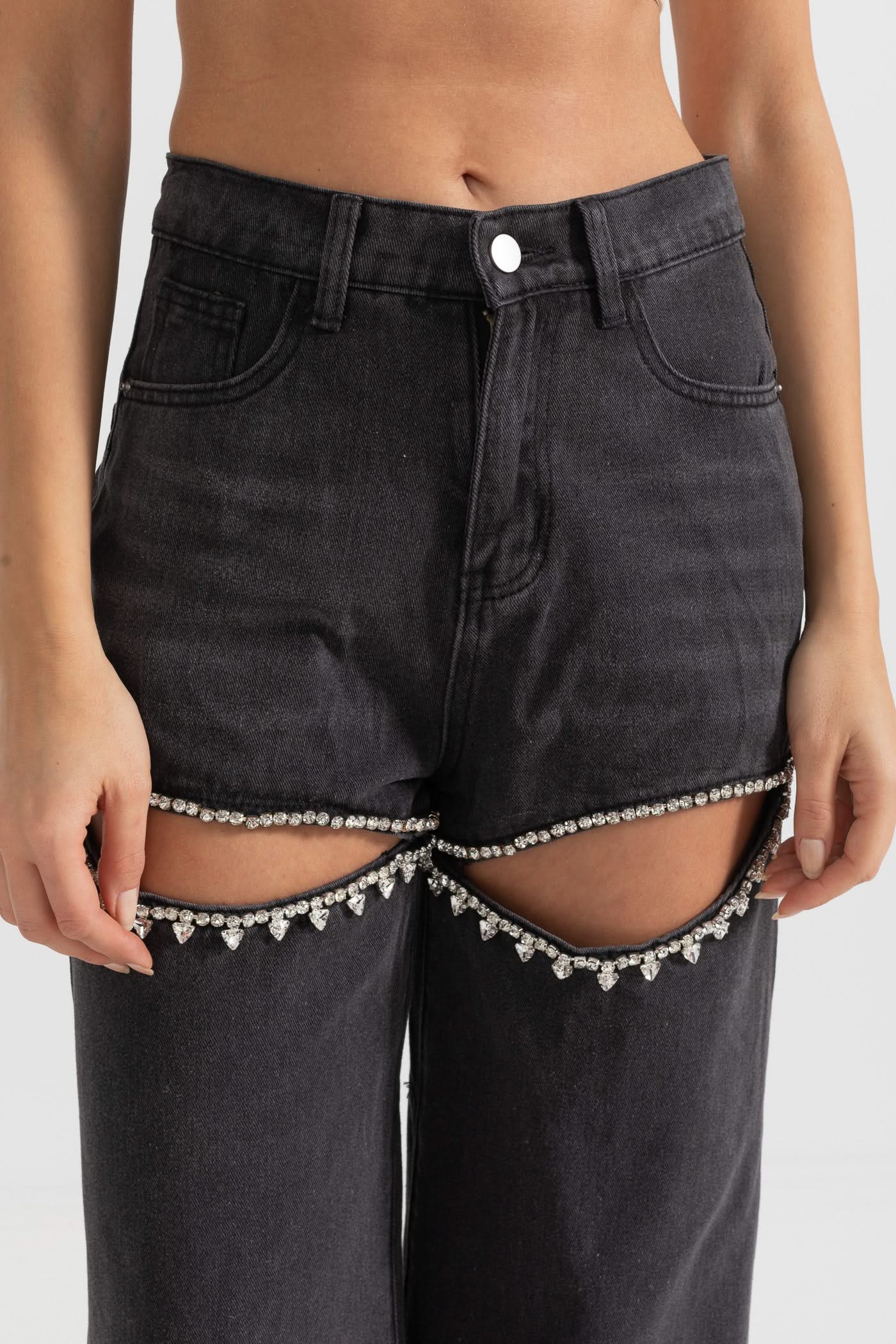 Uyluk Kesimli Yüksek Bel Kot Pantolon - Siyah