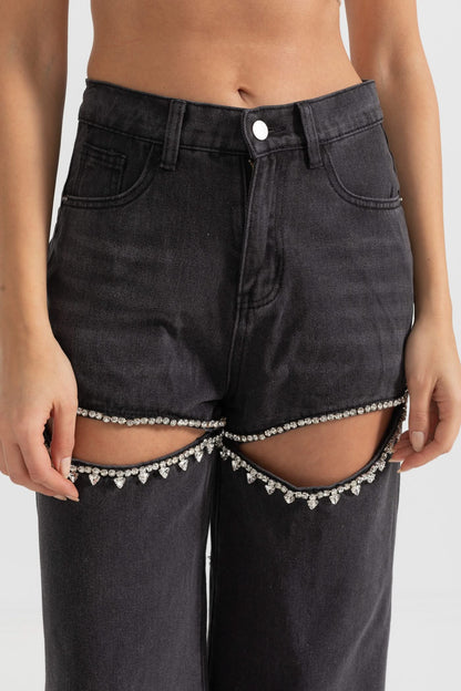 Uyluk Kesimli Yüksek Bel Kot Pantolon - Siyah