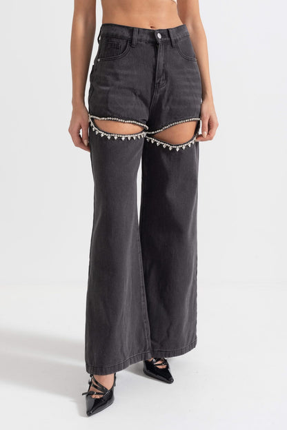 Uyluk Kesimli Yüksek Bel Kot Pantolon - Siyah