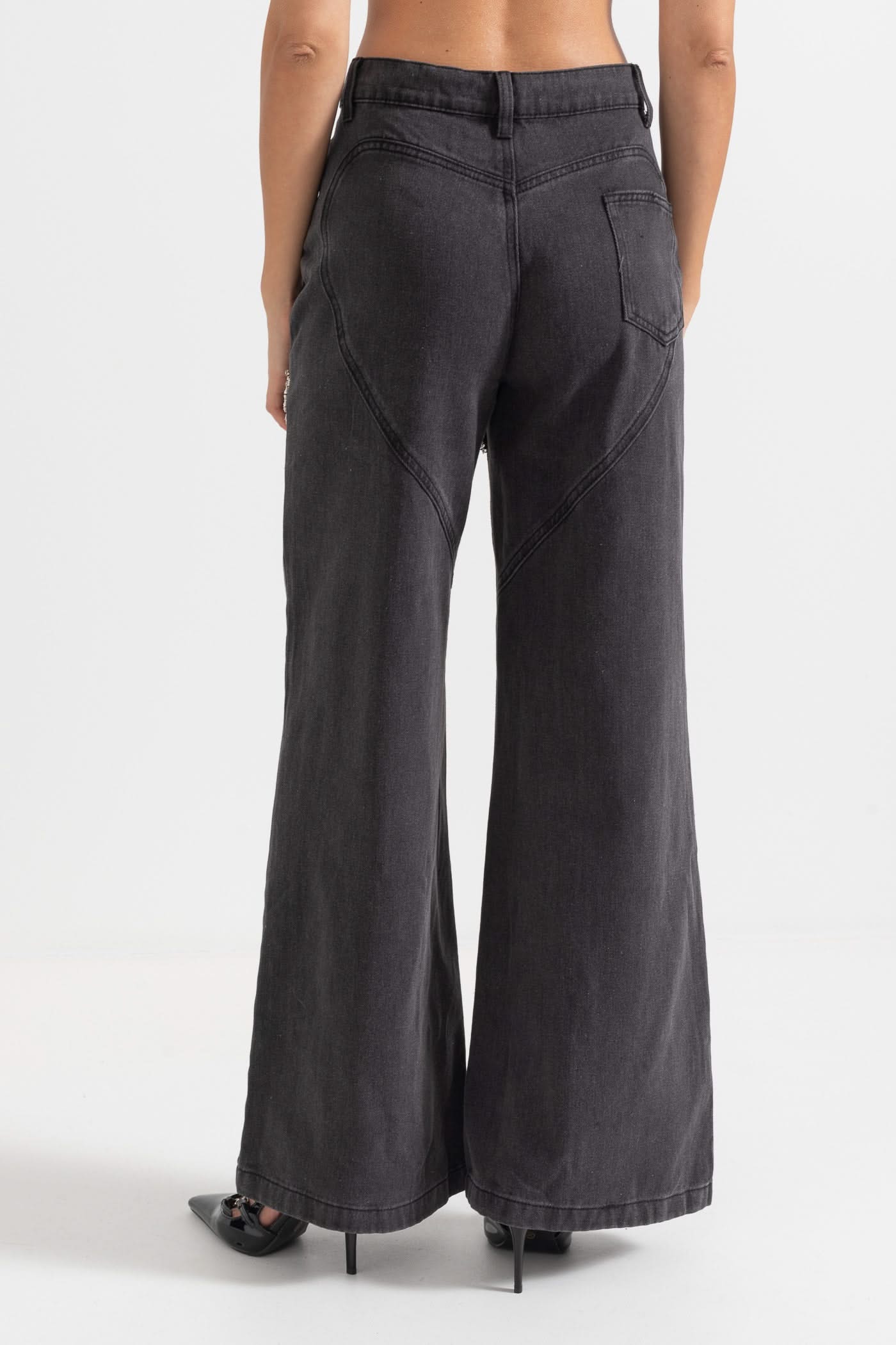 Uyluk Kesimli Yüksek Bel Kot Pantolon - Siyah