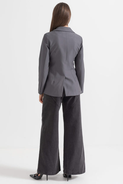 Yaka Fiyonklu Özel Dikim Blazer - Gri