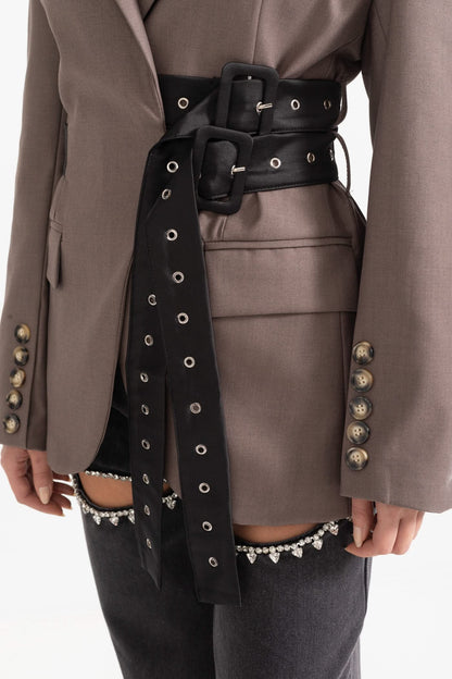 Çift Kemerli Çağdaş Blazer - Kahverengi