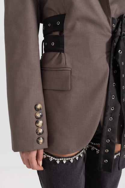 Çift Kemerli Çağdaş Blazer - Kahverengi