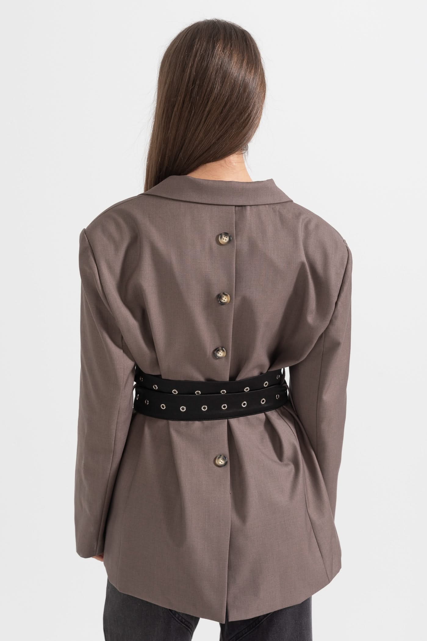 Çift Kemerli Çağdaş Blazer - Kahverengi