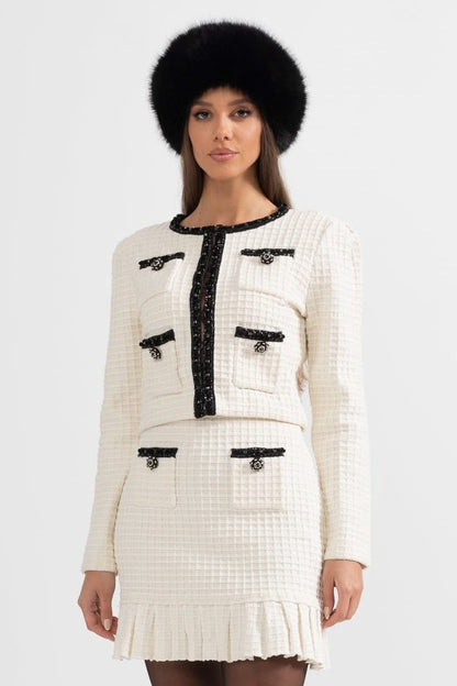Siyah Detaylara Sahip Tweed Takım - Fildişi