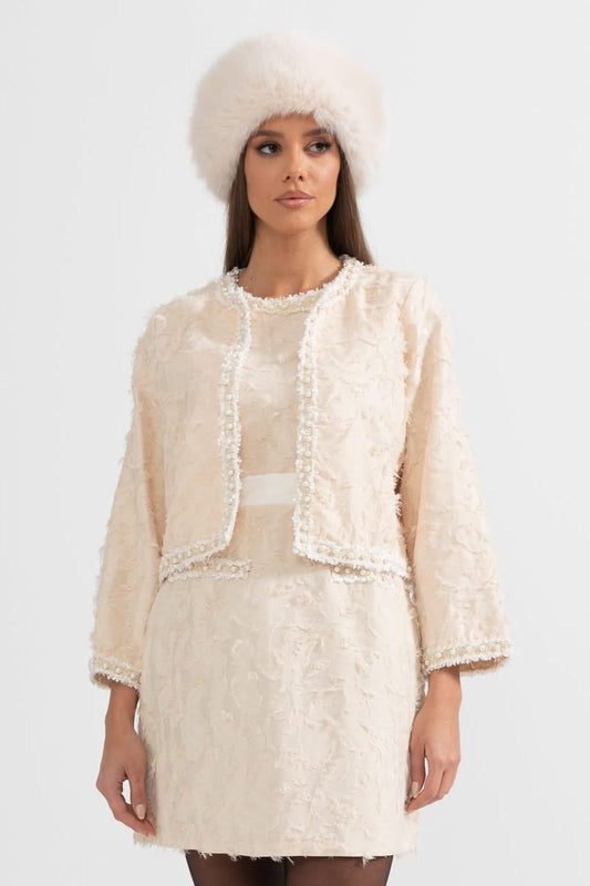 Tüy Desenli İnci Detaylı İki Parçalı Takım - Fildişi