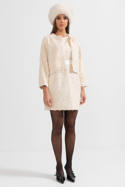 Tüy Desenli İnci Detaylı İki Parçalı Takım - Fildişi