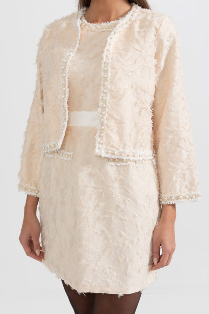 Tüy Desenli İnci Detaylı İki Parçalı Takım - Fildişi