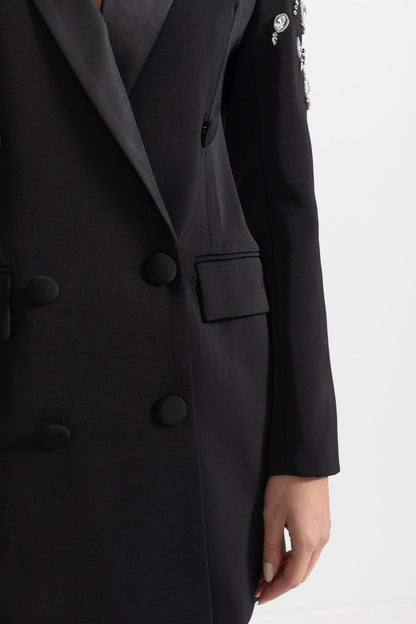 Omuzları Elmas İşlemeli Şık Blazer - Siyah