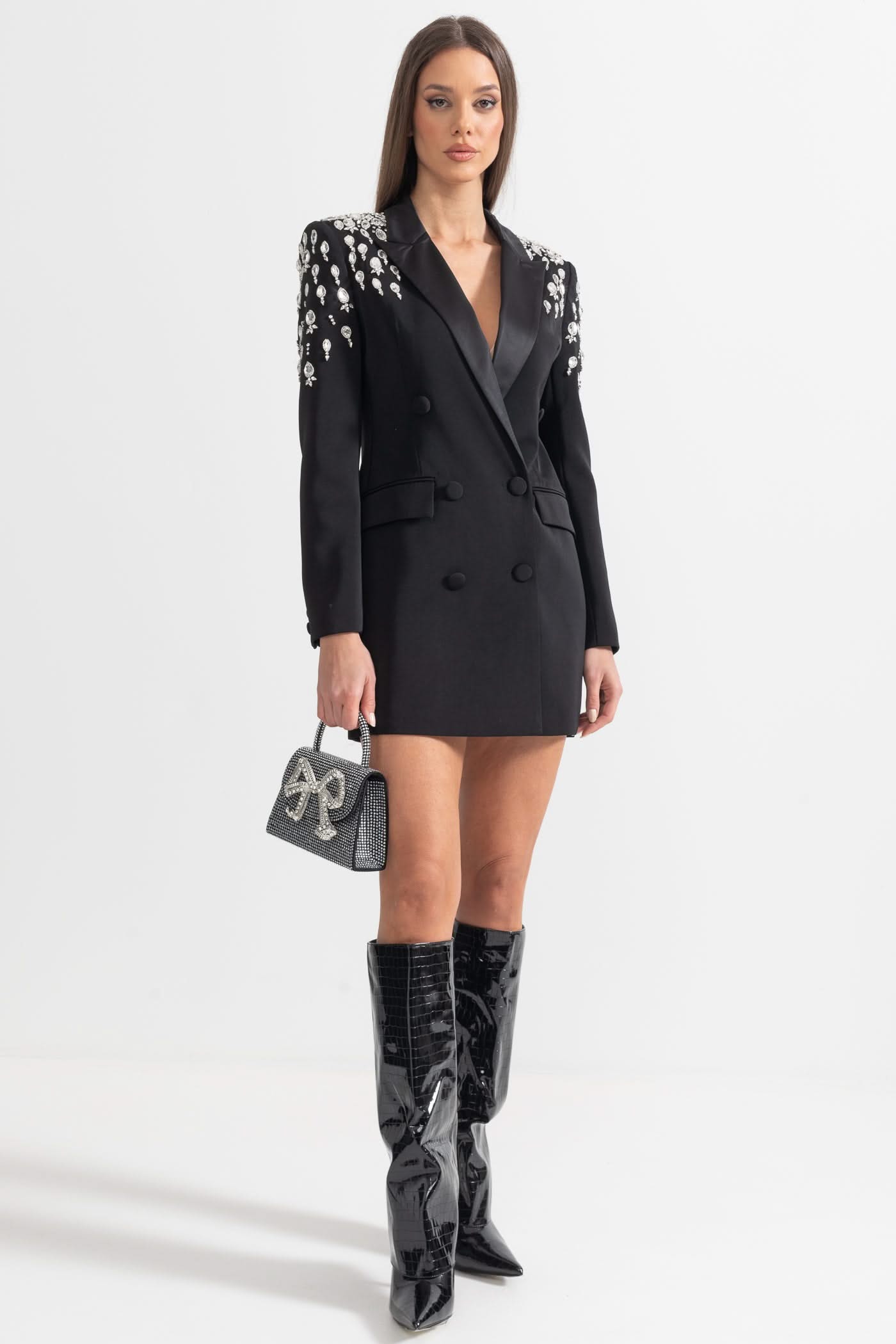 Omuzları Elmas İşlemeli Şık Blazer - Siyah