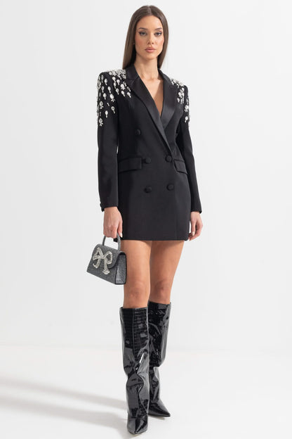 Omuzları Elmas İşlemeli Şık Blazer - Siyah