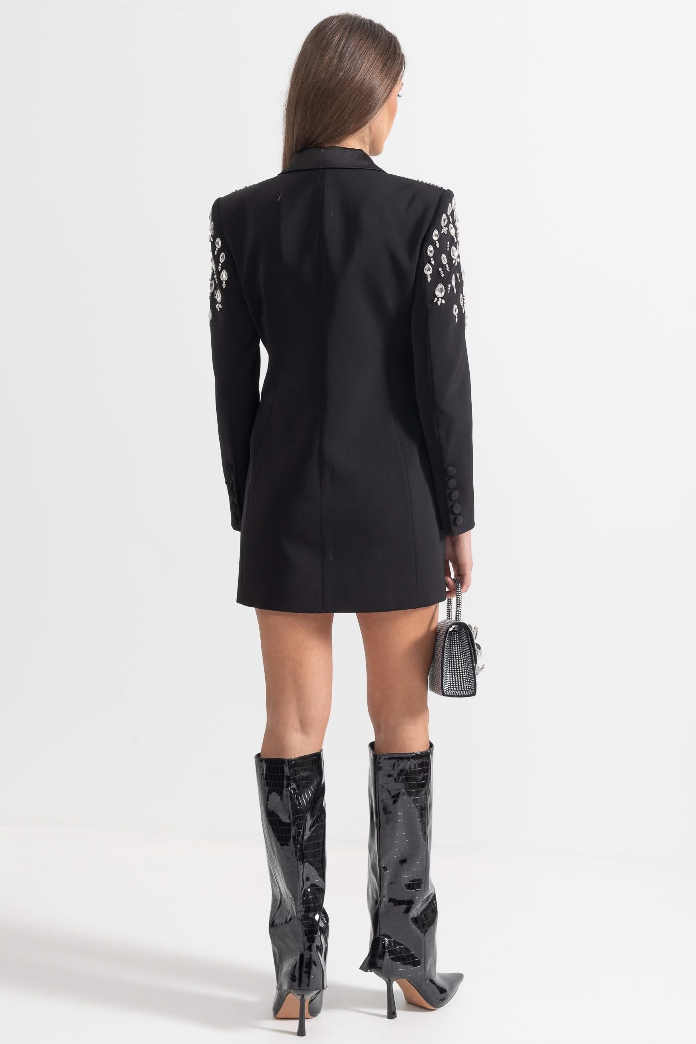 Omuzları Elmas İşlemeli Şık Blazer - Siyah