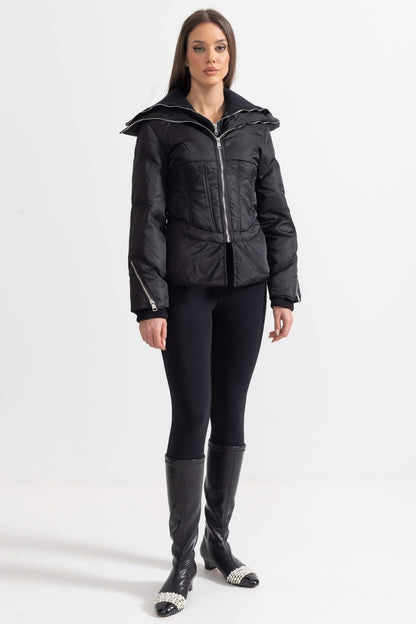 Çift Yaka Tasarımlı Çağdaş Ceket - Siyah