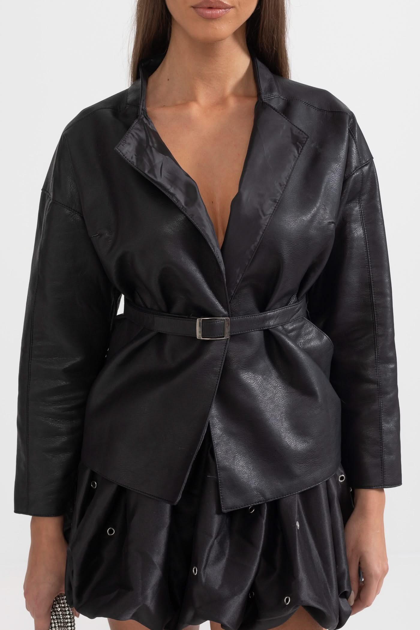 Ayarlanabilir Bel Kemerli Vegan Deri Ceket - Siyah