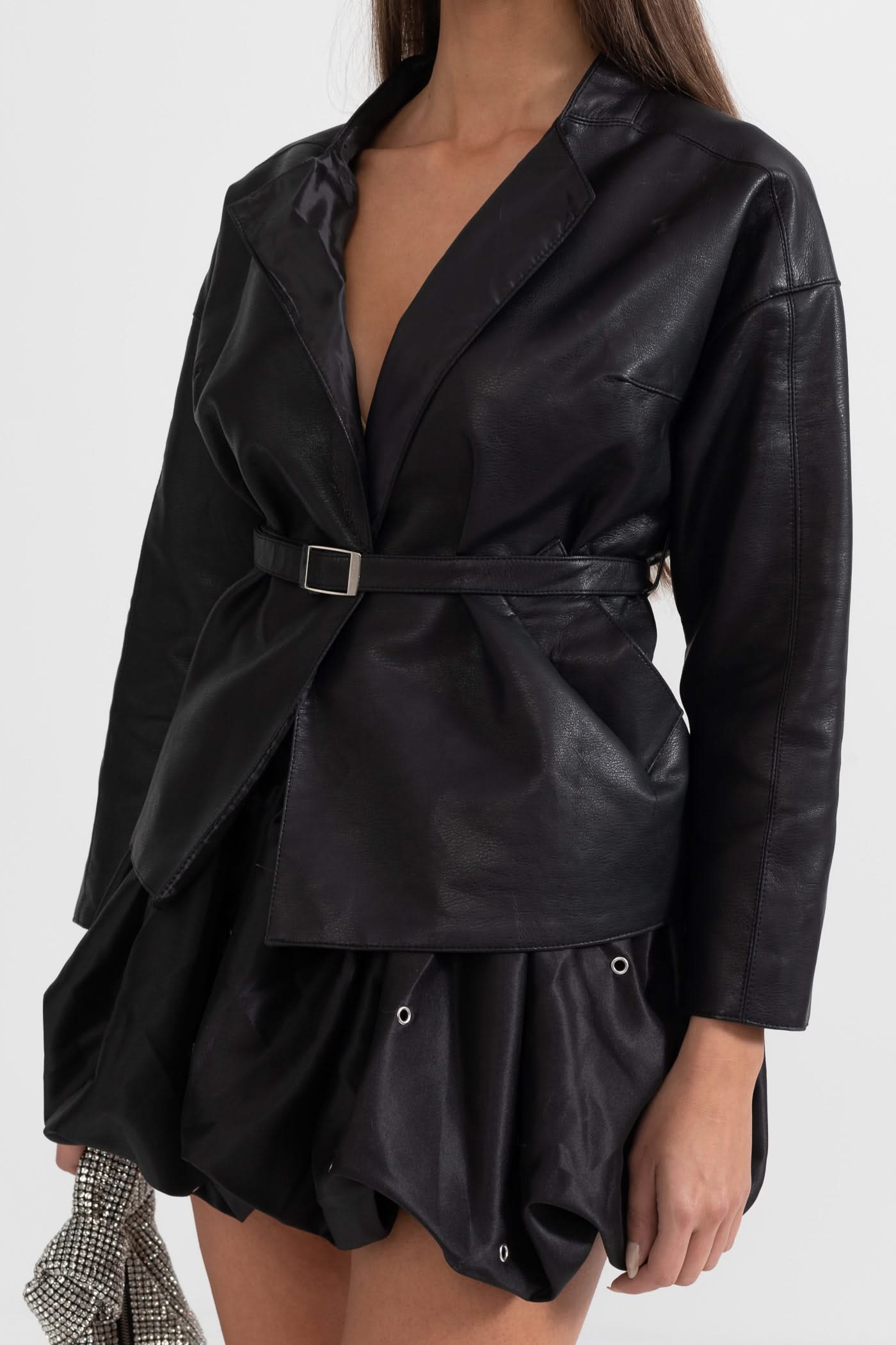 Ayarlanabilir Bel Kemerli Vegan Deri Ceket - Siyah