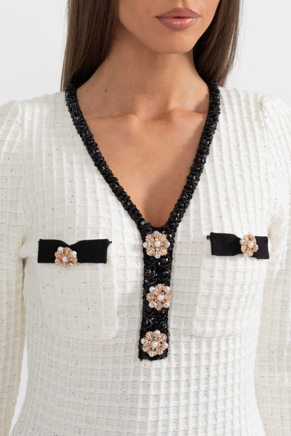 Dokulu Desenli Örme Elbise - Fildişi