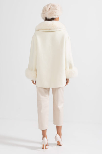 Büyük Boy Tilki Kürk Yakalı Kaşmir Palto - Kırık Beyaz