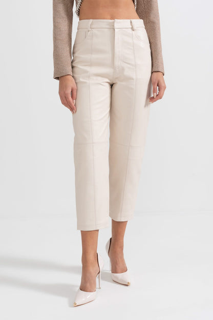 Dekoratif Dikişli Deri Düz Paça Pantolon - Beyaz