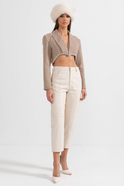 Dekoratif Dikişli Deri Düz Paça Pantolon - Beyaz