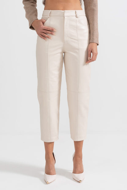 Dekoratif Dikişli Deri Düz Paça Pantolon - Beyaz