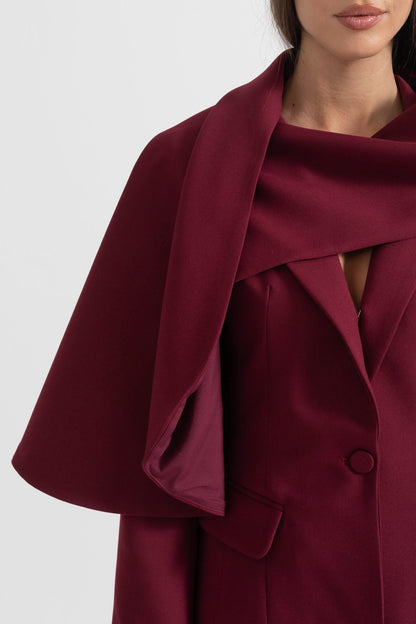 Asimetrik Drapeli Eşarplı Modern Blazer - Bordo