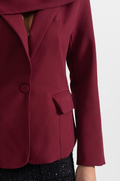 Asimetrik Drapeli Eşarplı Modern Blazer - Bordo