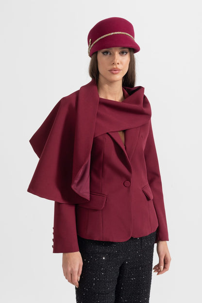 Asimetrik Drapeli Eşarplı Modern Blazer - Bordo