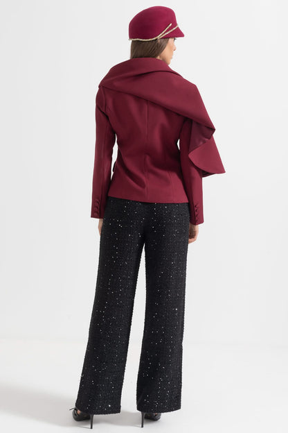 Asimetrik Drapeli Eşarplı Modern Blazer - Bordo