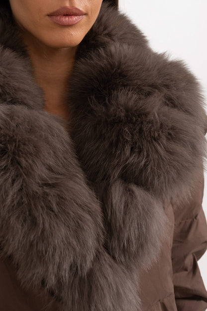 Kahverengi Tilki Kürk Kapüşonlu Şişme Mont - Kahverengi
